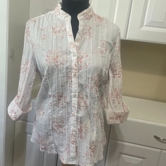 Fred David Womens L Blouse Floral Embroidered Button Front Crinkle Stretch Top - Picture 4 of 13